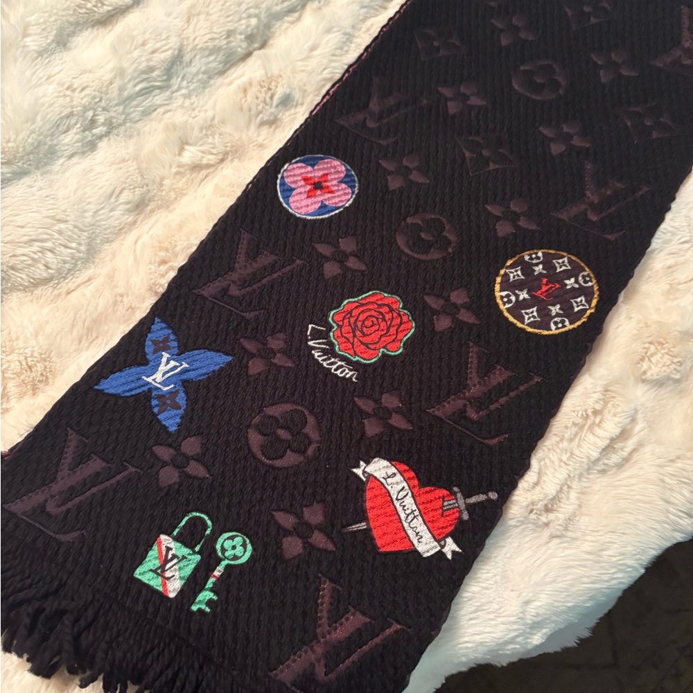 Louis Vuitton Black Scarf with Colorful Monogram Patches